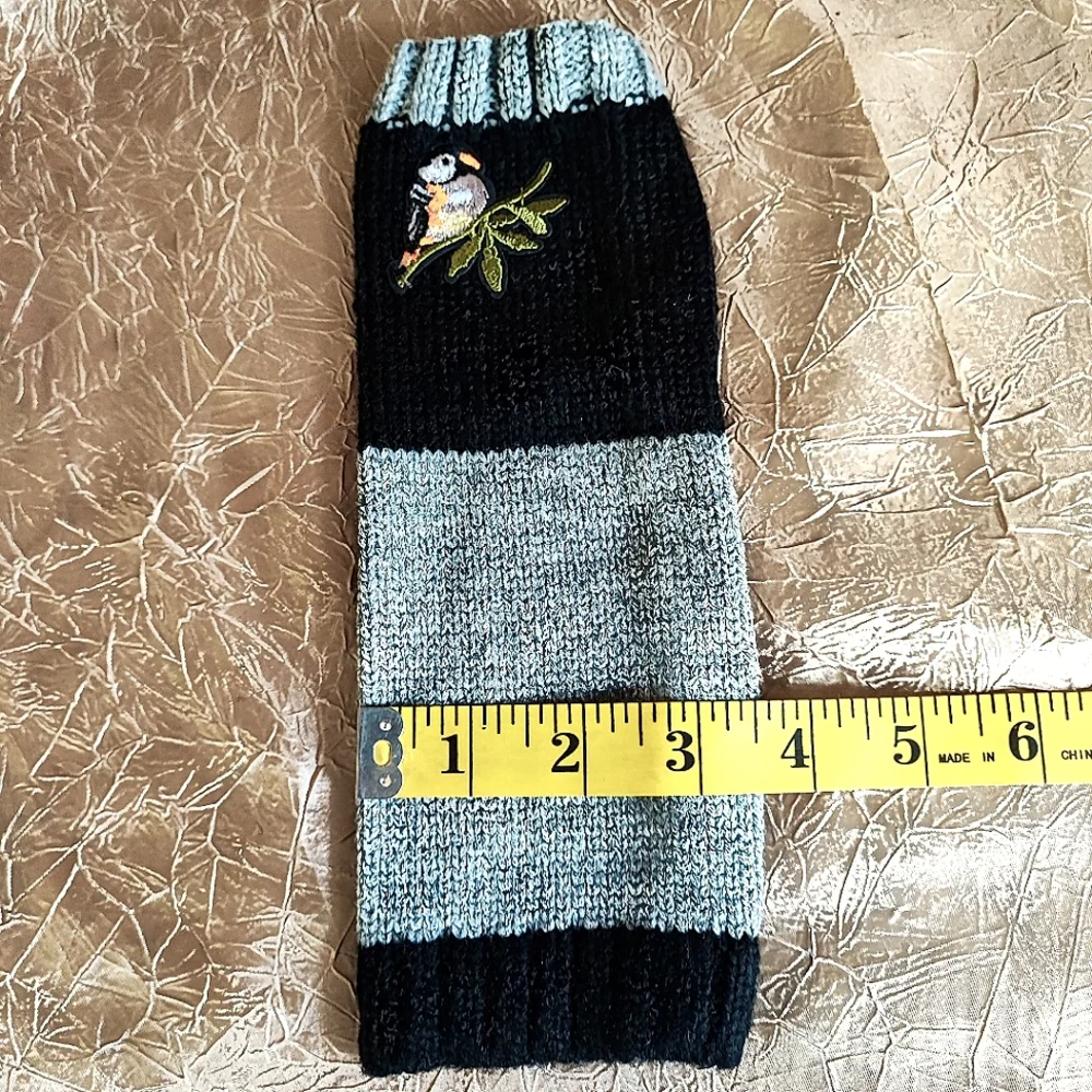 Fingerless Gloves Thumb Holes Black &  Gray Grey Embroidered Birds Mittens NEW